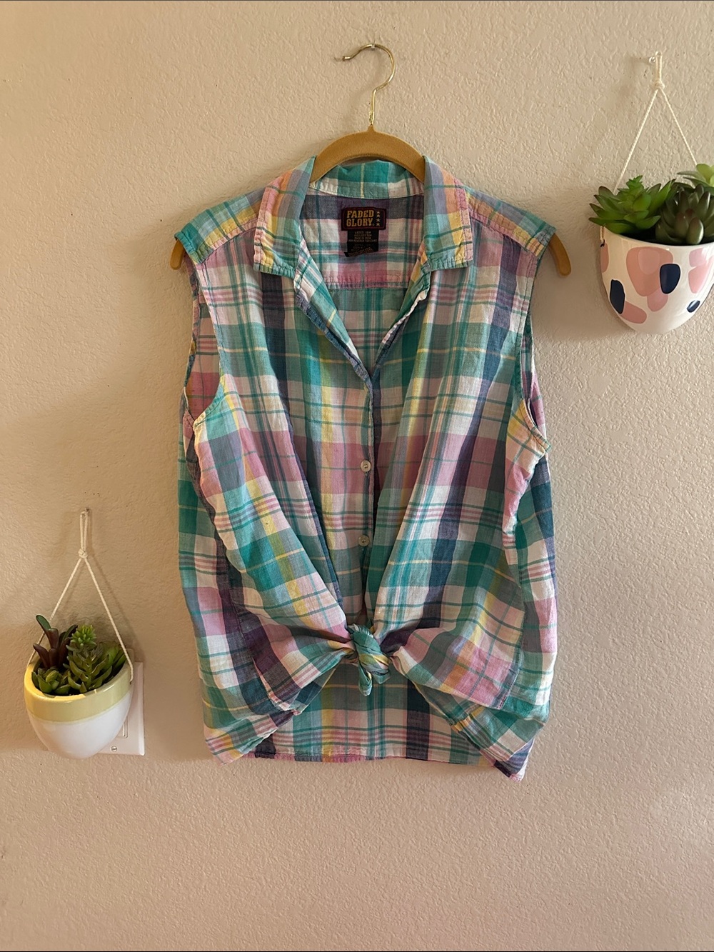 Vintage Faded Glory Plaid Pastel Button Up Shirt Large XL